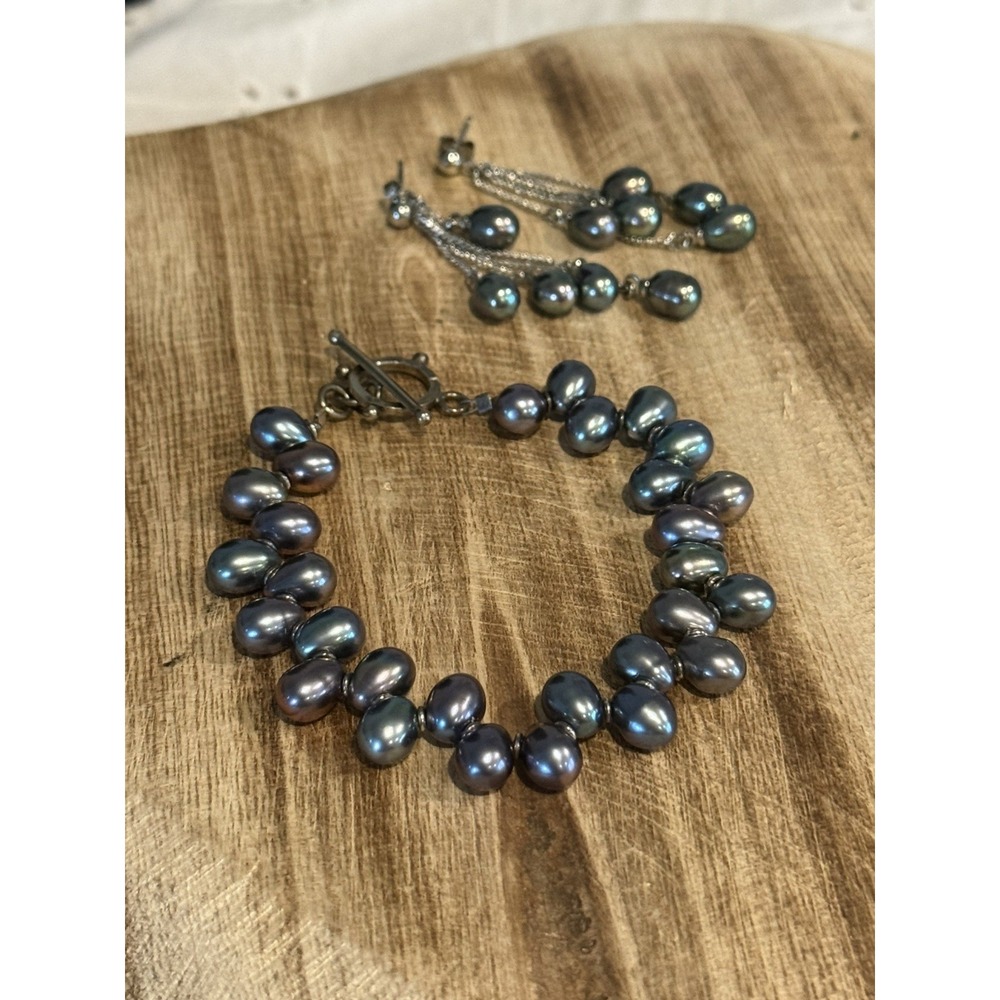 Vintage Dark Peacock Freshwater Pearl Bracelet & Dangle Earrings Set 6.75"‎